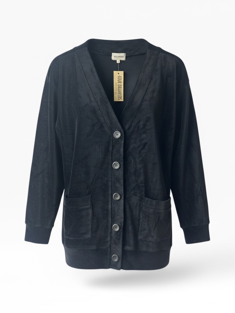 Classic Oversized Velvet Black Button-Front Women's Cardigan Sweater